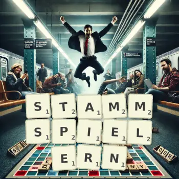 Kreative Illustration für ein Scrabble-Spiel, bei dem das Wort STAMMSPIELERN mit Steinen auf dem Brett gelegt wurde.
