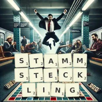 Kreative Illustration für ein Scrabble-Spiel, bei dem das Wort STAMMSTECKLING mit Steinen auf dem Brett gelegt wurde.