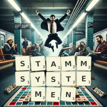 Kreative Illustration für ein Scrabble-Spiel, bei dem das Wort STAMMSYSTEMEN mit Steinen auf dem Brett gelegt wurde.