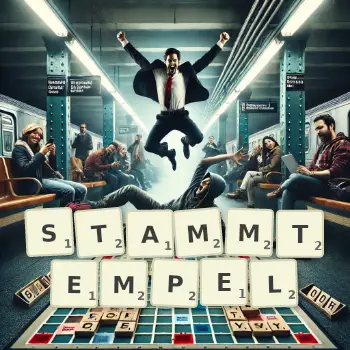 Kreative Illustration für ein Scrabble-Spiel, bei dem das Wort STAMMTEMPEL mit Steinen auf dem Brett gelegt wurde.