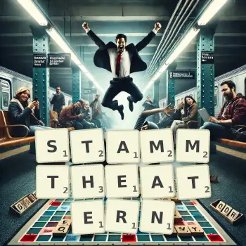 Kreative Illustration für ein Scrabble-Spiel, bei dem das Wort STAMMTHEATERN mit Steinen auf dem Brett gelegt wurde.