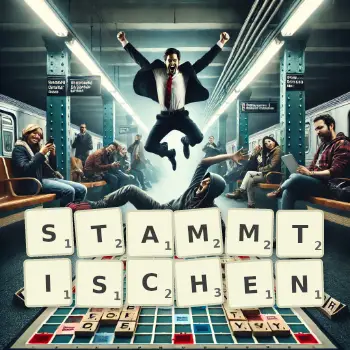 Kreative Illustration für ein Scrabble-Spiel, bei dem das Wort STAMMTISCHEN mit Steinen auf dem Brett gelegt wurde.