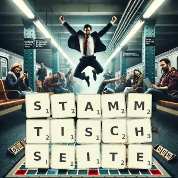 Kreative Illustration für ein Scrabble-Spiel, bei dem das Wort STAMMTISCHSEITE mit Steinen auf dem Brett gelegt wurde.
