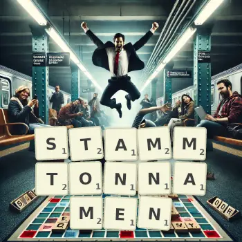 Kreative Illustration für ein Scrabble-Spiel, bei dem das Wort STAMMTONNAMEN mit Steinen auf dem Brett gelegt wurde.