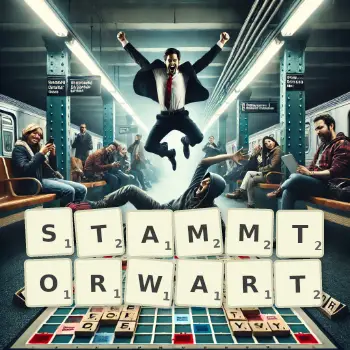 Kreative Illustration für ein Scrabble-Spiel, bei dem das Wort STAMMTORWART mit Steinen auf dem Brett gelegt wurde.