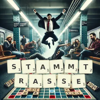 Kreative Illustration für ein Scrabble-Spiel, bei dem das Wort STAMMTRASSE mit Steinen auf dem Brett gelegt wurde.