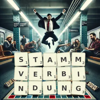 Kreative Illustration für ein Scrabble-Spiel, bei dem das Wort STAMMVERBINDUNG mit Steinen auf dem Brett gelegt wurde.