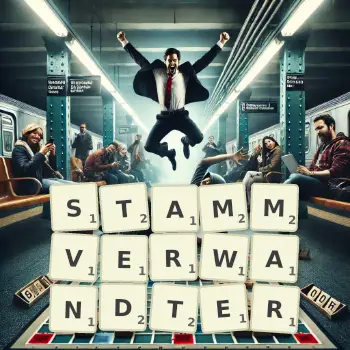 Kreative Illustration für ein Scrabble-Spiel, bei dem das Wort STAMMVERWANDTER mit Steinen auf dem Brett gelegt wurde.