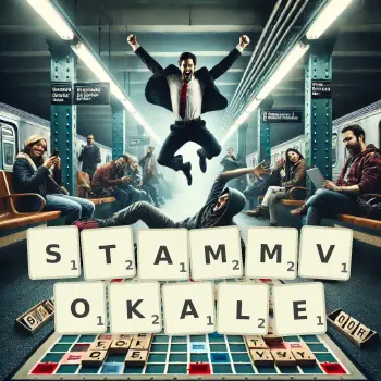 Kreative Illustration für ein Scrabble-Spiel, bei dem das Wort STAMMVOKALE mit Steinen auf dem Brett gelegt wurde.