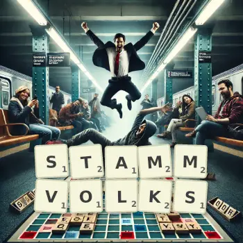 Kreative Illustration für ein Scrabble-Spiel, bei dem das Wort STAMMVOLKS mit Steinen auf dem Brett gelegt wurde.