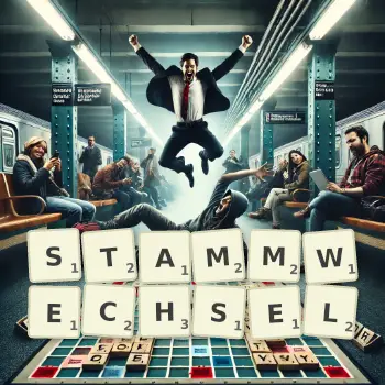 Kreative Illustration für ein Scrabble-Spiel, bei dem das Wort STAMMWECHSEL mit Steinen auf dem Brett gelegt wurde.