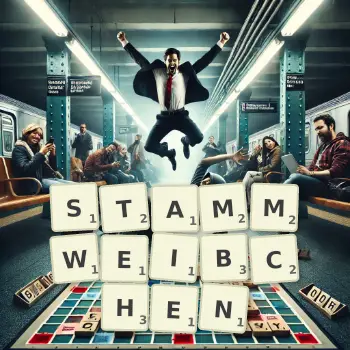 Kreative Illustration für ein Scrabble-Spiel, bei dem das Wort STAMMWEIBCHEN mit Steinen auf dem Brett gelegt wurde.