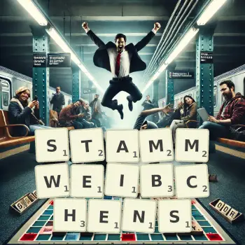 Kreative Illustration für ein Scrabble-Spiel, bei dem das Wort STAMMWEIBCHENS mit Steinen auf dem Brett gelegt wurde.