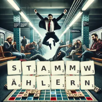 Kreative Illustration für ein Scrabble-Spiel, bei dem das Wort STAMMWÄHLERN mit Steinen auf dem Brett gelegt wurde.