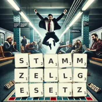 Kreative Illustration für ein Scrabble-Spiel, bei dem das Wort STAMMZELLGESETZ mit Steinen auf dem Brett gelegt wurde.