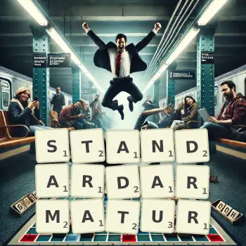 Kreative Illustration für ein Scrabble-Spiel, bei dem das Wort STANDARDARMATUR mit Steinen auf dem Brett gelegt wurde.