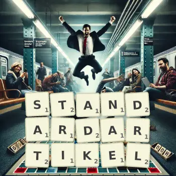 Kreative Illustration für ein Scrabble-Spiel, bei dem das Wort STANDARDARTIKEL mit Steinen auf dem Brett gelegt wurde.