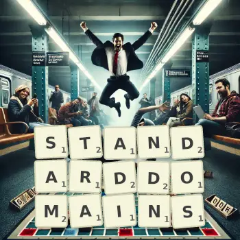 Kreative Illustration für ein Scrabble-Spiel, bei dem das Wort STANDARDDOMAINS mit Steinen auf dem Brett gelegt wurde.