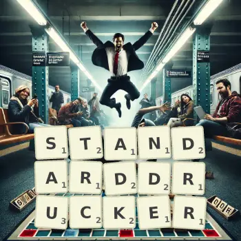 Kreative Illustration für ein Scrabble-Spiel, bei dem das Wort STANDARDDRUCKER mit Steinen auf dem Brett gelegt wurde.