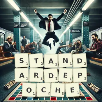 Kreative Illustration für ein Scrabble-Spiel, bei dem das Wort STANDARDEPOCHE mit Steinen auf dem Brett gelegt wurde.