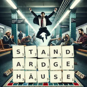 Kreative Illustration für ein Scrabble-Spiel, bei dem das Wort STANDARDGEHÄUSE mit Steinen auf dem Brett gelegt wurde.