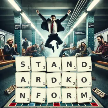 Kreative Illustration für ein Scrabble-Spiel, bei dem das Wort STANDARDKONFORM mit Steinen auf dem Brett gelegt wurde.