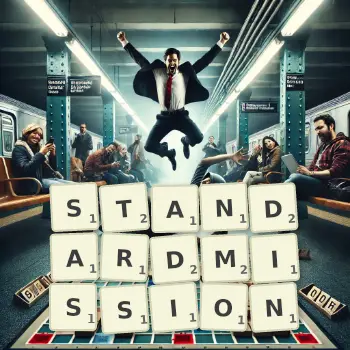 Kreative Illustration für ein Scrabble-Spiel, bei dem das Wort STANDARDMISSION mit Steinen auf dem Brett gelegt wurde.