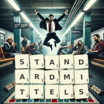 Kreative Illustration für ein Scrabble-Spiel, bei dem das Wort STANDARDMITTELS mit Steinen auf dem Brett gelegt wurde.