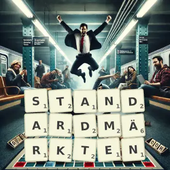 Kreative Illustration für ein Scrabble-Spiel, bei dem das Wort STANDARDMÄRKTEN mit Steinen auf dem Brett gelegt wurde.