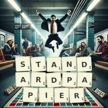 Kreative Illustration für ein Scrabble-Spiel, bei dem das Wort STANDARDPAPIER mit Steinen auf dem Brett gelegt wurde.