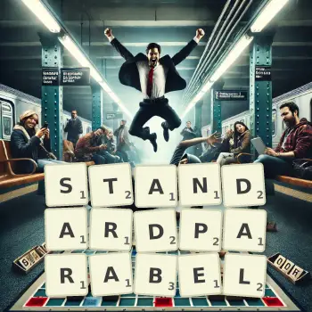 Kreative Illustration für ein Scrabble-Spiel, bei dem das Wort STANDARDPARABEL mit Steinen auf dem Brett gelegt wurde.