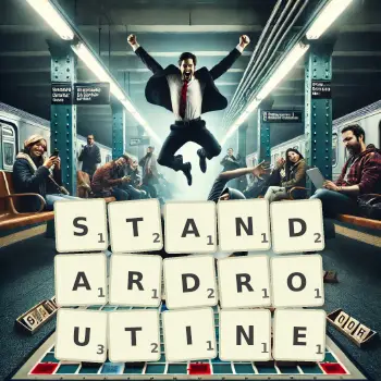 Kreative Illustration für ein Scrabble-Spiel, bei dem das Wort STANDARDROUTINE mit Steinen auf dem Brett gelegt wurde.