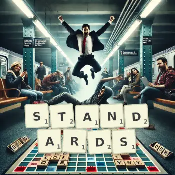 Kreative Illustration für ein Scrabble-Spiel, bei dem das Wort STANDARDS mit Steinen auf dem Brett gelegt wurde.