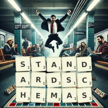 Kreative Illustration für ein Scrabble-Spiel, bei dem das Wort STANDARDSCHEMAS mit Steinen auf dem Brett gelegt wurde.