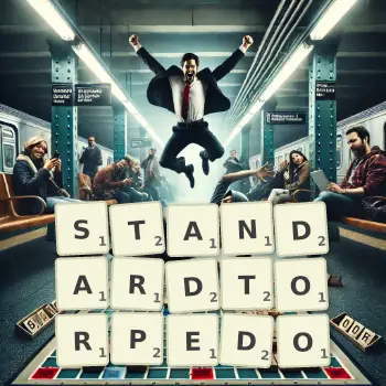 Kreative Illustration für ein Scrabble-Spiel, bei dem das Wort STANDARDTORPEDO mit Steinen auf dem Brett gelegt wurde.