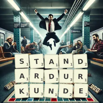 Kreative Illustration für ein Scrabble-Spiel, bei dem das Wort STANDARDURKUNDE mit Steinen auf dem Brett gelegt wurde.