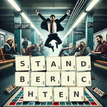 Kreative Illustration für ein Scrabble-Spiel, bei dem das Wort STANDBERICHTEN mit Steinen auf dem Brett gelegt wurde.