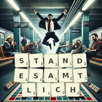Kreative Illustration für ein Scrabble-Spiel, bei dem das Wort STANDESAMTLICH mit Steinen auf dem Brett gelegt wurde.