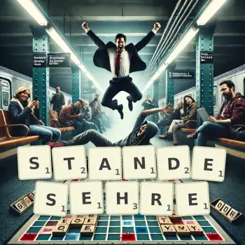 Kreative Illustration für ein Scrabble-Spiel, bei dem das Wort STANDESEHRE mit Steinen auf dem Brett gelegt wurde.