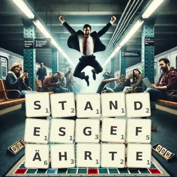 Kreative Illustration für ein Scrabble-Spiel, bei dem das Wort STANDESGEFÄHRTE mit Steinen auf dem Brett gelegt wurde.
