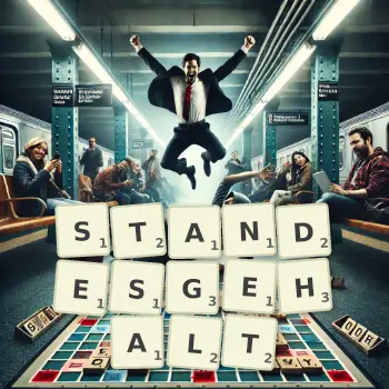 Kreative Illustration für ein Scrabble-Spiel, bei dem das Wort STANDESGEHALT mit Steinen auf dem Brett gelegt wurde.