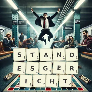 Kreative Illustration für ein Scrabble-Spiel, bei dem das Wort STANDESGERICHT mit Steinen auf dem Brett gelegt wurde.