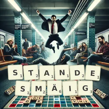 Kreative Illustration für ein Scrabble-Spiel, bei dem das Wort STANDESMÄIG mit Steinen auf dem Brett gelegt wurde.