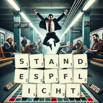 Kreative Illustration für ein Scrabble-Spiel, bei dem das Wort STANDESPFLICHT mit Steinen auf dem Brett gelegt wurde.