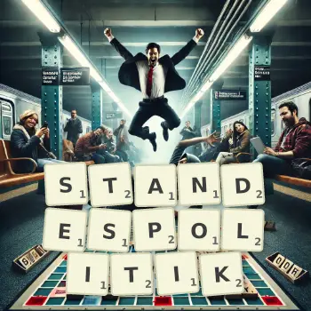 Kreative Illustration für ein Scrabble-Spiel, bei dem das Wort STANDESPOLITIK mit Steinen auf dem Brett gelegt wurde.