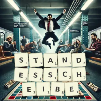Kreative Illustration für ein Scrabble-Spiel, bei dem das Wort STANDESSCHEIBE mit Steinen auf dem Brett gelegt wurde.