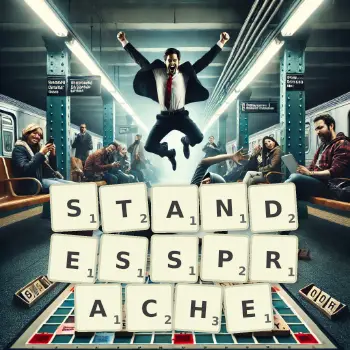 Kreative Illustration für ein Scrabble-Spiel, bei dem das Wort STANDESSPRACHE mit Steinen auf dem Brett gelegt wurde.