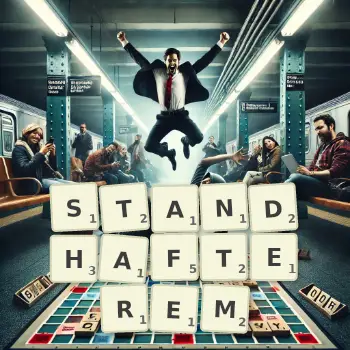 Kreative Illustration für ein Scrabble-Spiel, bei dem das Wort STANDHAFTEREM mit Steinen auf dem Brett gelegt wurde.