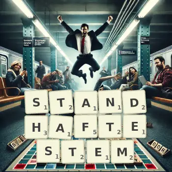 Kreative Illustration für ein Scrabble-Spiel, bei dem das Wort STANDHAFTESTEM mit Steinen auf dem Brett gelegt wurde.