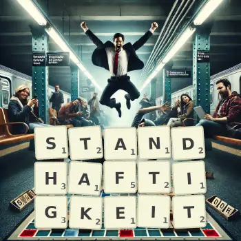 Kreative Illustration für ein Scrabble-Spiel, bei dem das Wort STANDHAFTIGKEIT mit Steinen auf dem Brett gelegt wurde.